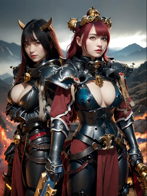 (masutepiece), Professional , ​masterpiece、top-quality、photos realistic , depth of fields 、（Dragon Black Metal Body:1.９),(Matte Blue Black、（cleavage of the breast）、Dragon Gold Weapon（Dragon Metal Body:1.４),Gorgeous gold weapons ,（（ Dragons dense and gorgeo...