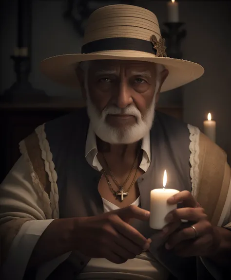 Crie uma imagem uma imagem hiperrealista de um homem velho  afrodescendente, 100 anos, olhos brilhantes, cansados e triste, pele negra muito enrrugada, cabelos curto, crespo e grisalho, vestindo um velho, simples, torn white cotton outfit, with crucifix ne...