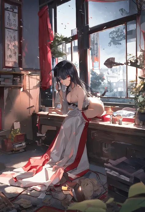 ​masterpiece、Top image quality、high detailing、abajour、window、(nighttime scene:1.3)、nighttime scene、(red eyes:1.4)、Delicate interior design、Longhaire、1girl in、(Boob emphasis:1.7)、(Black hair)、length hair、red blush、(a beautifulchi girl)、cute little、((maikuro...