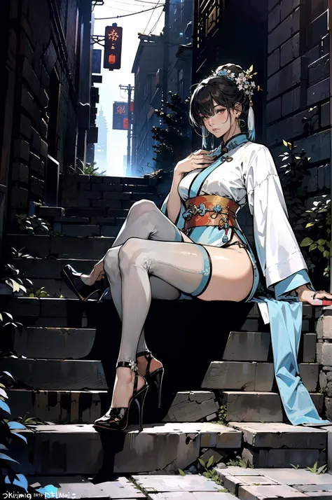 Doctor close-up, Has a glowing five-star rating, Their names, Photo, and the city in the background.，Large bust，rimless eyewears，Slim figure，Cute girl，Full body like，Hanfu，komono，Ancient Chinese streets，Dirty dark streets，high-heels，long leges，Sitting on t...