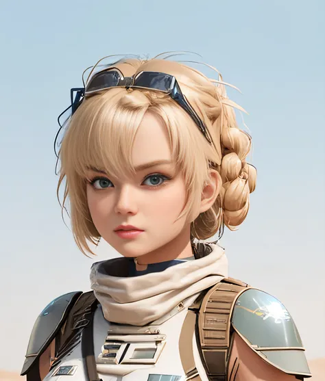 Futuristic outfit of blonde woman posing for photo in desert, 3 D rendering character art 8 K, photorealistic anime girl rendering, portrait anime space cadet girl, closeup character portrait, sci fi female character, Stunning character art, close up chara...