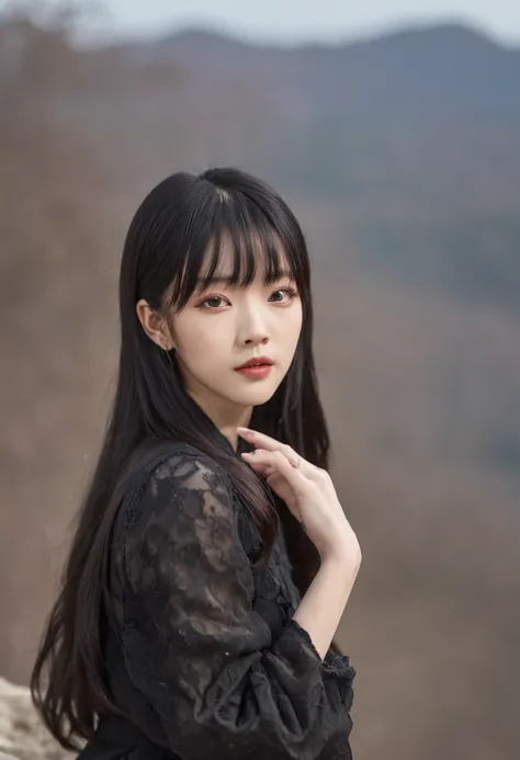 A woman with long black hair sat down, a picture inspired by Ma Yuanyu, reddit, shin hanga, She has black hair，By bangs, With bangs, Shin Jinying, Lee Ji-eun, lee ji eun, jaeyeon nam, with full bangs, Korean girl, Choi Hyun-hwa, center parted bangs, chiho