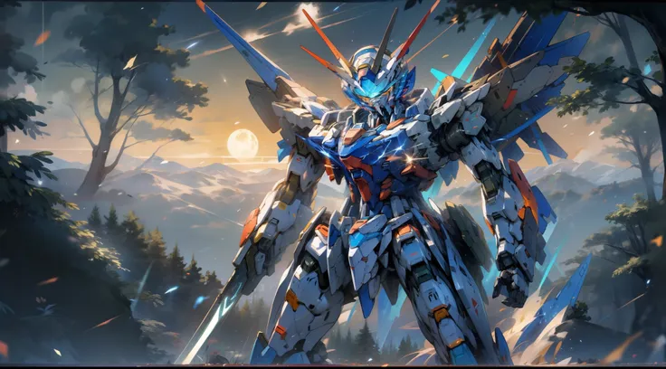 (Up to 00 Gundam Exia),(Gundam Exia),Up to 00， Gundam Exia,A brave soldier stands near the war mech in the forest. its night time，There is a full moon in the sky，Full of stars，There are some fireflies in the background. He is sending positive signals. Pano...