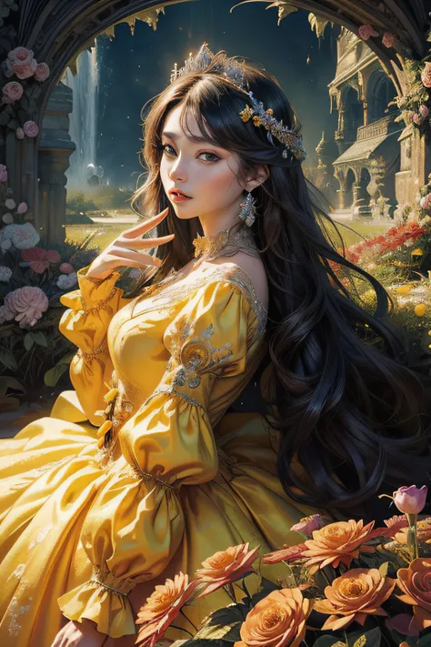 (masterpiece, top quality, best quality, official art, beautiful and aesthetic:1.2), (1maturedgirl), cute, extreme detailed,(fractal art:1.3),colorful, highest detailed, royal, princess, crown, flower garden, yellow gown dress