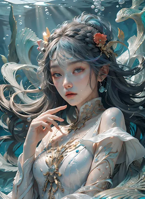 Youthful, The age is 18 years, Small breast, Wear a white dress., A flowing coat, Jewelry set details, Flowing hair, I am radiant., Hair ornaments, face illuminated, Complex magic arrays, illuminated runes, shimmering aura, intense focus, Mysterious demago...