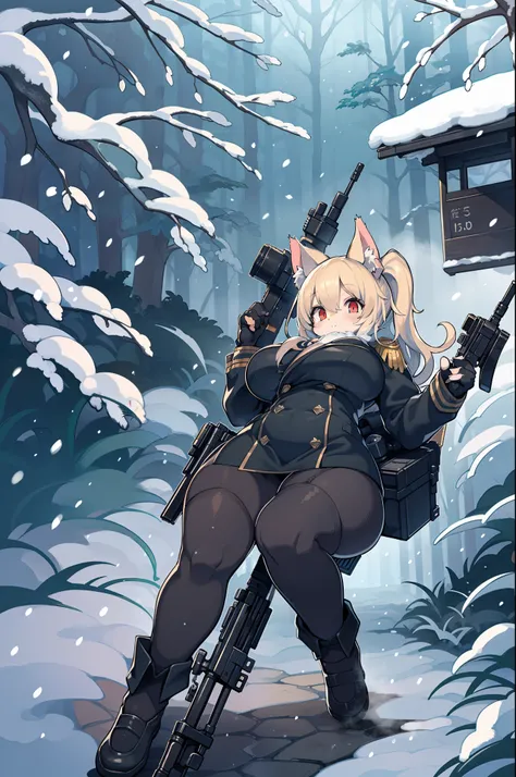 snowy forest, Black hair, Cat ears, Cat Girl, Red Eyes, As I ran, officer uniform, , Germany, Black Officer Uniform,huge-breasted、Giant Sniper Rifle、From the top、Overhead view,Very Wide Shot