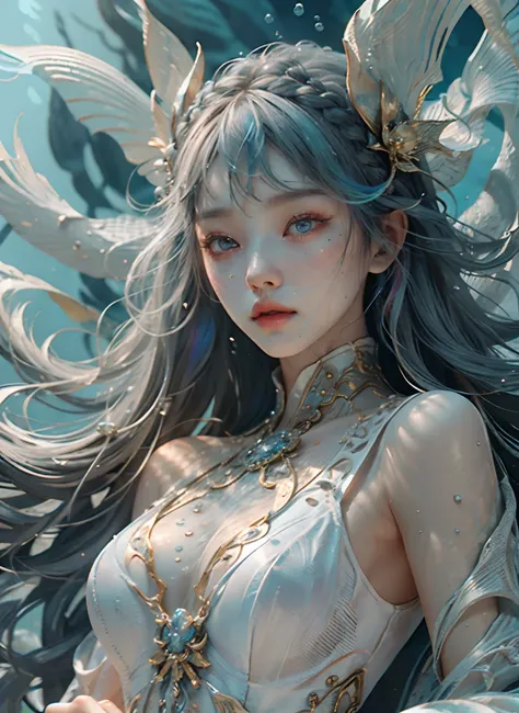 Youthful, The age is 18 years, Small breast, Wear a white dress., A flowing coat, Jewelry set details, Flowing hair, I am radiant., Hair ornaments, face illuminated, Complex magic arrays, illuminated runes, shimmering aura, intense focus, Mysterious demago...