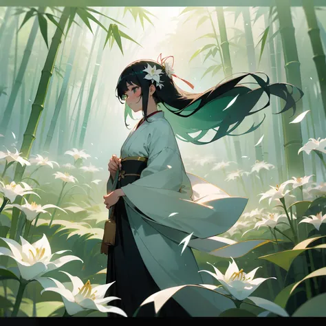 Woman in Japanese clothes walking in deep green bamboo forest。In her hands、A single white lily flower。The flower seemed to reflect her chastity and nobility.。The breeze is blowing、Lily flowers sway gracefully。mountain in the distance々With the silhouette of...