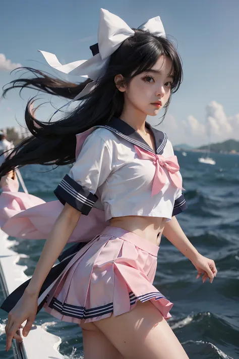 Masterpiece, Best quality, 1girll,double tails,Black hair,Flying,White sailor suit and blue skirt,pink bows,16-year-old female model,