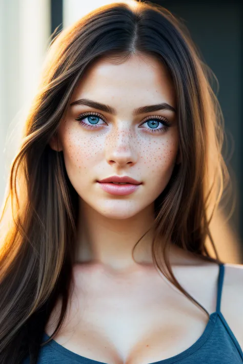 color photograph, close-up, ((a realistic photo of a beautiful girl)), (milalc), light, ((glowy skin)), looking_at_viewer, (fit body:1.0), ((large breasts)), long hair, detailed illustration, masterpiece, high quality, realistic, very detailed face, freckl...