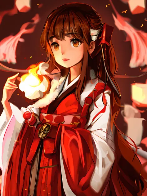 beautiful little girl，Brown hair，Holding colorful marshmallows，Wearing red Hanfu