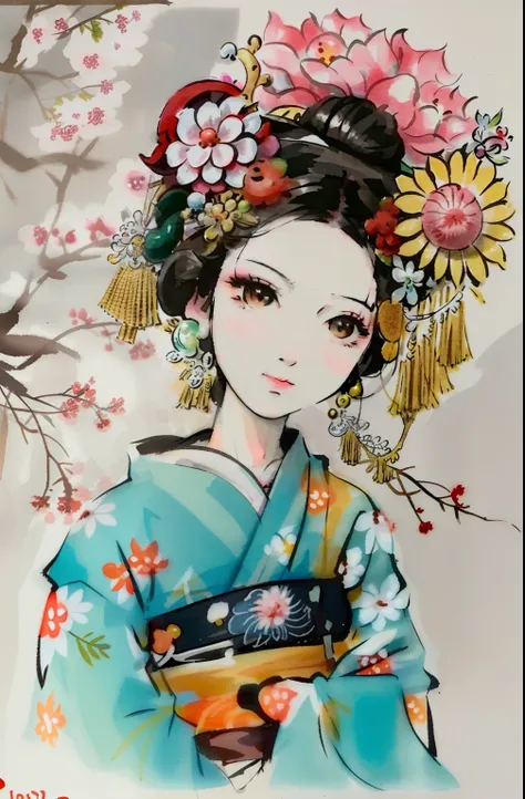 painting of a woman with a fan and flowers in her hair, inspired by Matsuno Chikanobu, inspired by Fujiwara Takanobu, inspired by Otake Chikuha, inspired by Inoue Naohisa, inspired by Uemura Shōen, inspired by Toyohara Chikanobu, inspired by Kanō Takanobu