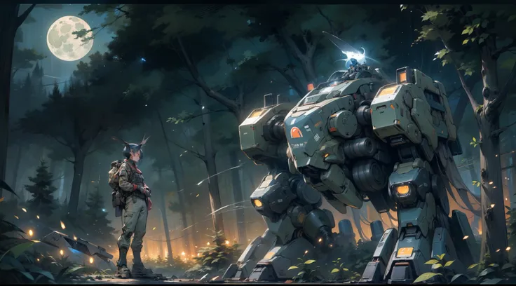 A brave soldier stands near the war mech in the forest. its night time，There is a full moon in the sky，Full of stars，There are some fireflies in the background. He is sending positive signals. Panoramic view. full body in picture. Centered.