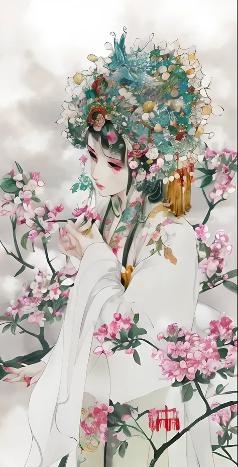 painting of a woman in a white kimono with flowers and a fan, a beautiful artwork illustration, exquisite digital illustration, a beautiful fantasy empress, ancient chinese beauties, ancient chinese princess, korean art nouveau anime, traditional chinese a...