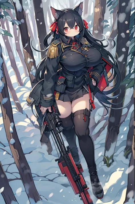 snowy forest, Black hair, Cat ears, Cat Girl, Red Eyes, As I ran, officer uniform, , Germany, Black Officer Uniform,huge-breasted、Giant Sniper Rifle、From the top、Overhead view,Very Wide Shot