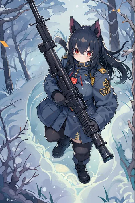 snowy forest, Black hair, Cat ears, Cat Girl, Red Eyes, As I ran, officer uniform, , Germany, Black Officer Uniform,huge-breasted、Giant Sniper Rifle、From the top、Overhead view,Very Wide Shot