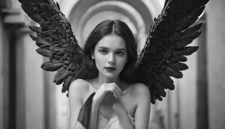 Imagine a scene in which a fallen and malevolent angel, with a seductive appearance and large beautiful wings, is in full motion. The scene takes place on the streets of an apocalyptic city, ablaze and in ruins. Use a contrasting style of writing to highli...