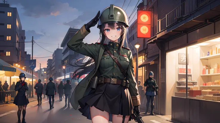 A girl in military uniform，Gun in hand，grinning smile，Shy，Warm street lights，down town，Superskirt，saluting，Wear a steel helmet，The steel helmet has a solid red five-pointed star，Long legs are exposed