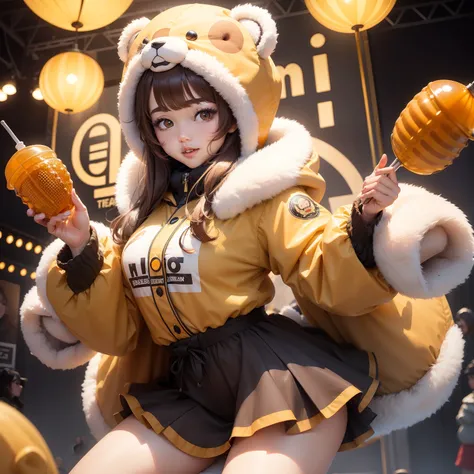 Female idol covered in bears and honey（Cute costumes、parka）、Looks fun、full body Esbian、Honeycomb Park