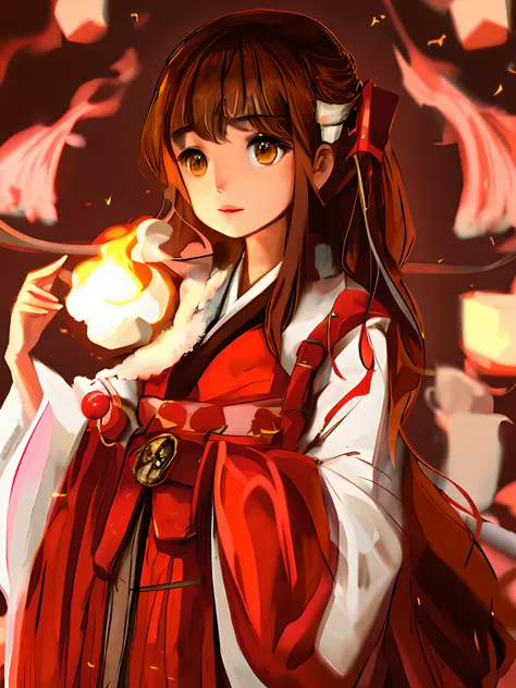 beautiful little girl，Brown hair，Holding colorful marshmallows，Wearing red Hanfu