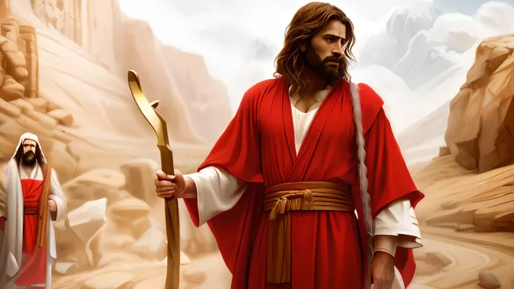 Man in red bathrobe holding a stone with writing, moses, Jesus Gigachad, biblical art style, biblical epic movie, epic biblical representation, foto do perfil,  biblicamente preciso, inspired by moses van Uyttenbroeck, Gal Yosef, Ancient Biblical, Jesus, b...