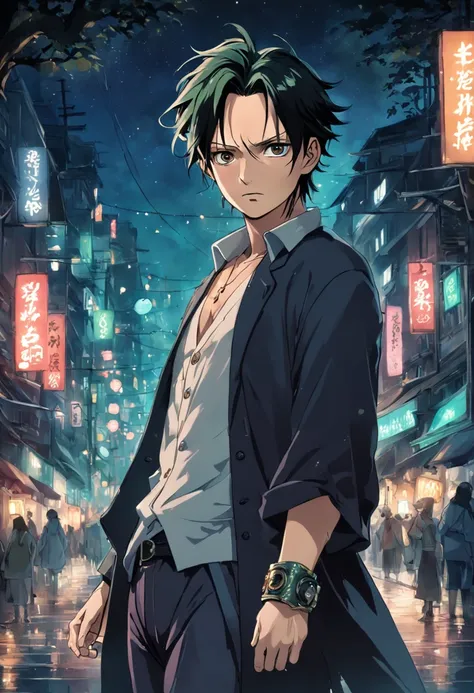 tmasterpiece, Johnny Depp walks around the city at night among fireflies，Kirschblütenwald, (Hohe Detailgenauigkeit:1 1), Raues Gesicht, natural skin, High quality, NSFW, Naruto Sakura，Ein rosahaariger，kurzes, detailliertes Haar，green eyes，（big boobs:1.2），（...