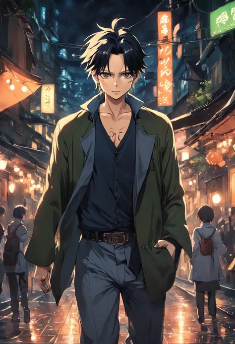 tmasterpiece, Johnny Depp walks around the city at night among fireflies，Kirschblütenwald, (Hohe Detailgenauigkeit:1 1), Raues Gesicht, natural skin, High quality, NSFW, Naruto Sakura，Ein rosahaariger，kurzes, detailliertes Haar，green eyes，（big boobs:1.2），（...