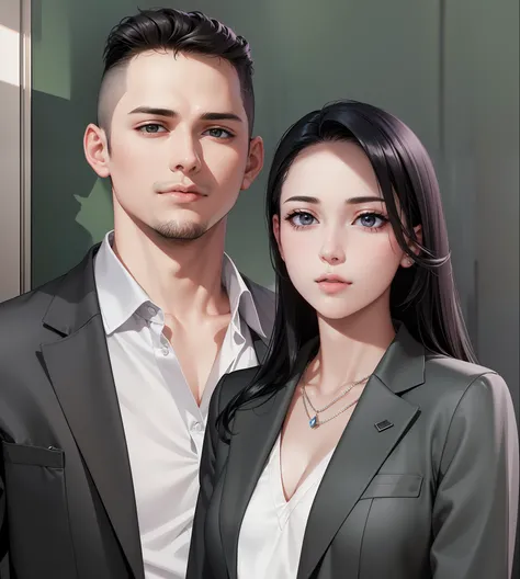 2 people, woman and man, Attractive profile picture, masterpiece, ultra-precise rendering, beautiful and cool young woman, trustworthy, dependable young woman, savior of the world, simple design, most beautiful image, 4K, black hair, beautiful woman, hands...