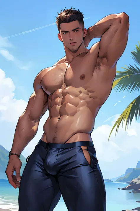 ((Best Quality, 8K, ultra-detailed, Masterpiece: 1.3)), 1boy, shiny skin, sharp, Perfect Body Beauty, realistic shaded perfect body, mascle,("bikini pants, big bulge ":1.2),(dynamic pose:1.1), thigh