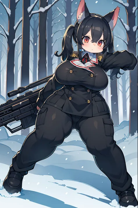 snowy forest, Black hair, Cat ears, Cat Girl, Red Eyes, As I ran, officer uniform, , Germany, Black Officer Uniform,huge-breasted、Giant Sniper Rifle、From the top、Overhead view,Very Wide Shot