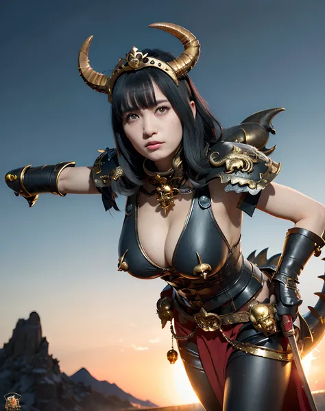 (masutepiece), Professional , ​masterpiece、top-quality、photos realistic , depth of fields 、（Gemstone Black Metal Body:1.９),(Matte Black、（cleavage of the breast）、Dragon Gold Weapon（Dragon Metal Body:1.４),Gorgeous gold weapons ,（Intimidating look）、（（ Dragons...