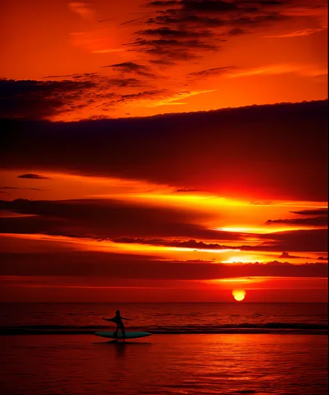 View of the sunset over the sea with a person on a surfboard, fire in the sky, Golden Clouds, Spectacular sunset, Orange clouds, Amazing skies, Orange and red sky, Burning clouds, Stunning sunset, in a golden sunset sky, Sky on Fire, Sunset Red and Orange,...