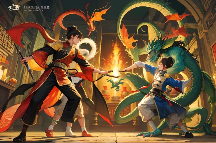 a monkey and a dragon Stand on either side，monkey is 3 years younger than dragon,monkey is a boy,dragon is a girl.they fight in jest or for fun, fall in love with each other！The type of painting is of ancient Chinese style