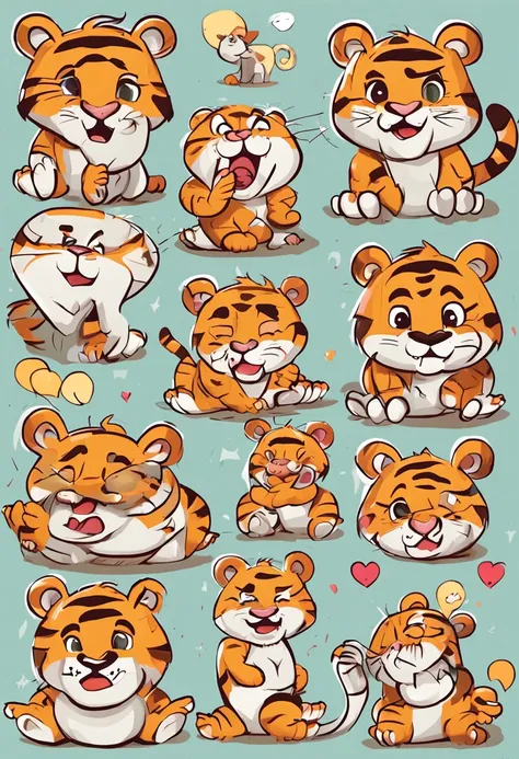 the various expressions of the tiger wear a diapers, multiple poses and expressions, happy, angry, cry, expressions love, etc, emoji pack, f/64 group, related character, engrav-ing, bold outlines