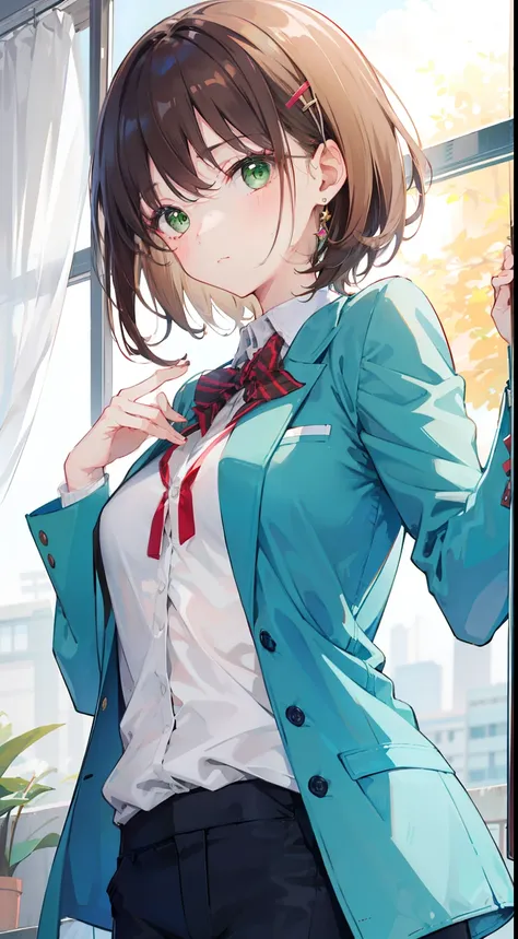 A girl, brown hair and green emerald eyes, flowing, short hair, Korean hairstylist, wearing high school uniform and jacket, moe, cute, chubby