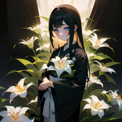 Lily flowers glowed quietly in the dark、That chastity is、Make you feel the darkness around you more deeply、Noble beauty, On the contrary, It was alleviating loneliness and despair。Behind the glamorous beauty、Japanese dress、The Darkness