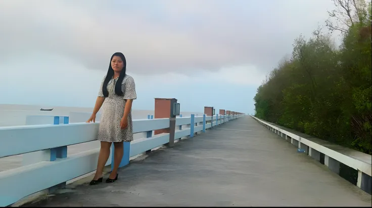 there is a woman standing on a bridge by the water, near a jetty, standing beside the ocean, standing on a bridge, the ocean in the background, standing near the beach, near the sea, beside the sea, at the sea, at the seaside, ocean in the background, insp...