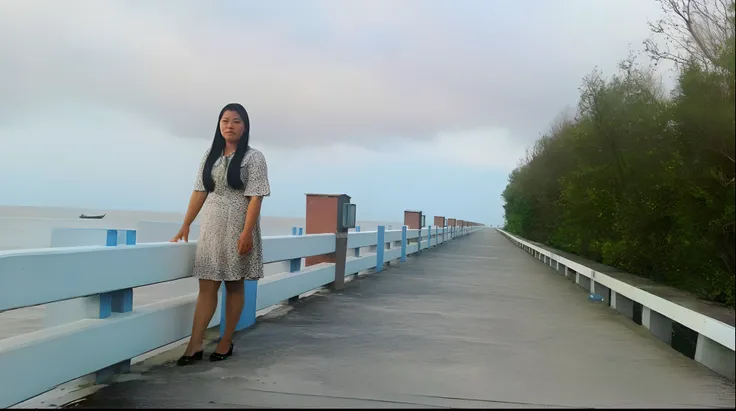 there is a woman standing on a bridge by the water, near a jetty, standing beside the ocean, standing on a bridge, the ocean in the background, standing near the beach, near the sea, beside the sea, at the sea, at the seaside, ocean in the background, insp...