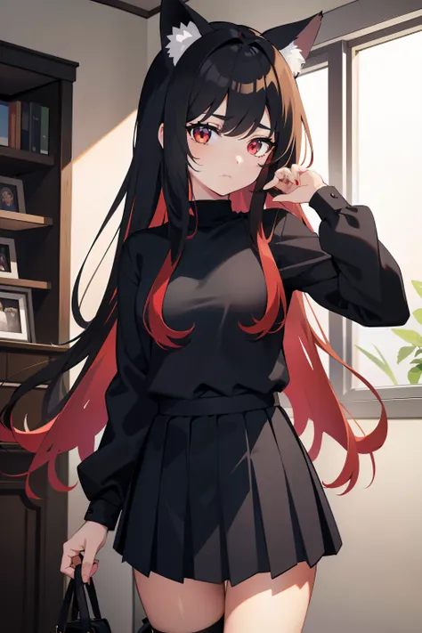 A girl with long hair and cat ears，The eyes are red，Wearing a black shirt，Black pleated skirt