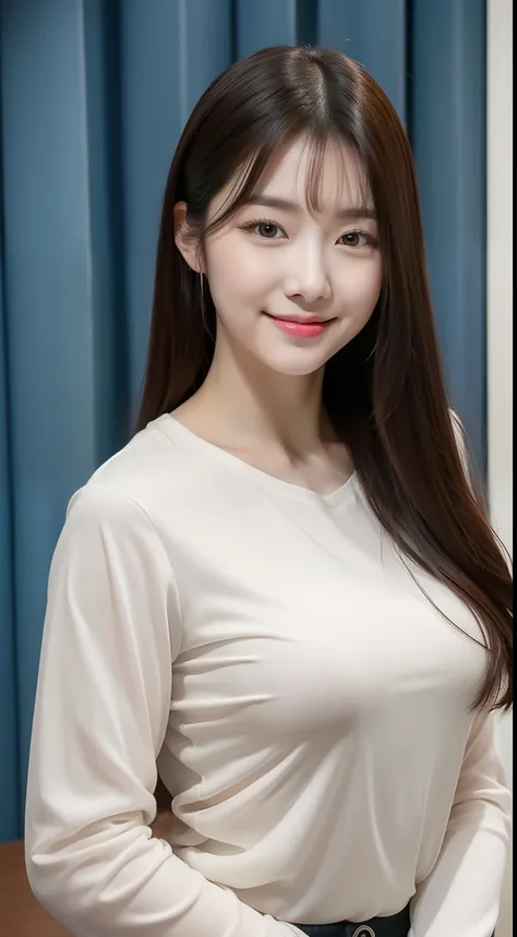 realistic photos of 1 cute Korean star, curtained hair, white skin, thin makeup, 32 inch breasts size, slightly smile, wearing long sleeves shirt, in meeting  room, upper body portrait,  stereogram, UHD