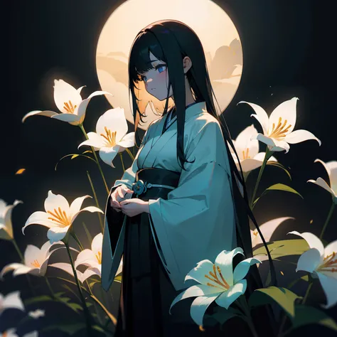 Lily flowers glowing quietly in the dark、That chastity is、Make you feel the darkness around you more deeply、Noble beauty, Loneliness and despair、Behind the glamorous beauty、Japanese dress、The Darkness