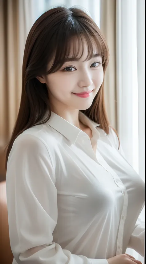 realistic photos of 1 cute Korean star, curtained hair, white skin, thin makeup, 32 inch breasts size, slightly smile, wearing long sleeves shirt, in meeting  room, upper body portrait,  stereogram, UHD