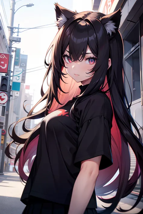 A girl with long hair and cat ears，The eyes are red，Wearing a black shirt，Black pleated skirt