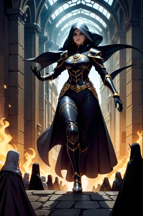 Uma personagem feminina maga, cabelos longo preto, Black and gold Gothic armor,  corrents, capuz, manto, portal, Magnificent, crowd, Cidade medieval, Walking in front of the armies of hooded mages, portal, armadura com detalhes arcanos