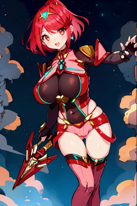 pyra (xenoblade), teen_1girl, loli, armor, bangs, black gloves, breasts, red eyes, light_open_mouth, earrings, eyelashes, fingerless gloves, floating hair, framed breasts, gem, gloves, hair ornament, headpiece, jewelry, big_breasts, leaning back, leotard, ...