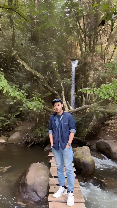 arafed man standing on a wooden bridge over a stream, in front of a forest background, standing in the forrest, forrest in background, in jungle forest, standing near a waterfall, profile picture, in front of an amazing forest, standing in the forest, in a...