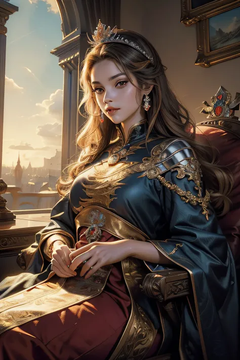 (masterpiece, top quality, best quality, official art, beautiful and aesthetic:1.2), (1maturedgirl), cute, extreme detailed, colorful, highest detailed, royal, crown, princess seating on dragon, sharp nose, adorable eyes,