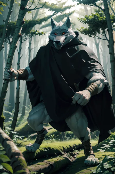 (muscular furry wolf in a mysterious forest:1.2, black cloak:1.1)