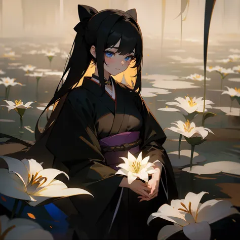 One lily flower glowing quietly in the dark、chaste、Make you feel the darkness around you more deeply、Noble beauty, Loneliness and despair、The darkness of glamorous beauty、Japanese dress、