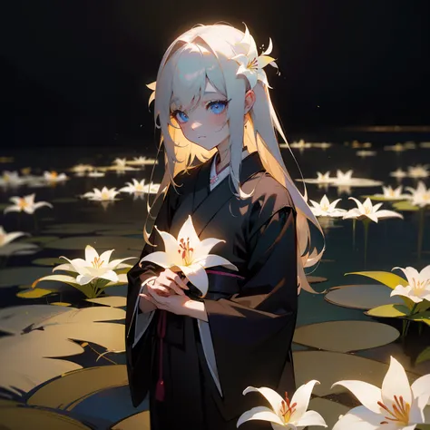 One lily flower glowing quietly in the dark、chaste、Make you feel the darkness around you more deeply、Noble beauty, Loneliness and despair、The darkness of glamorous beauty、Japanese dress、